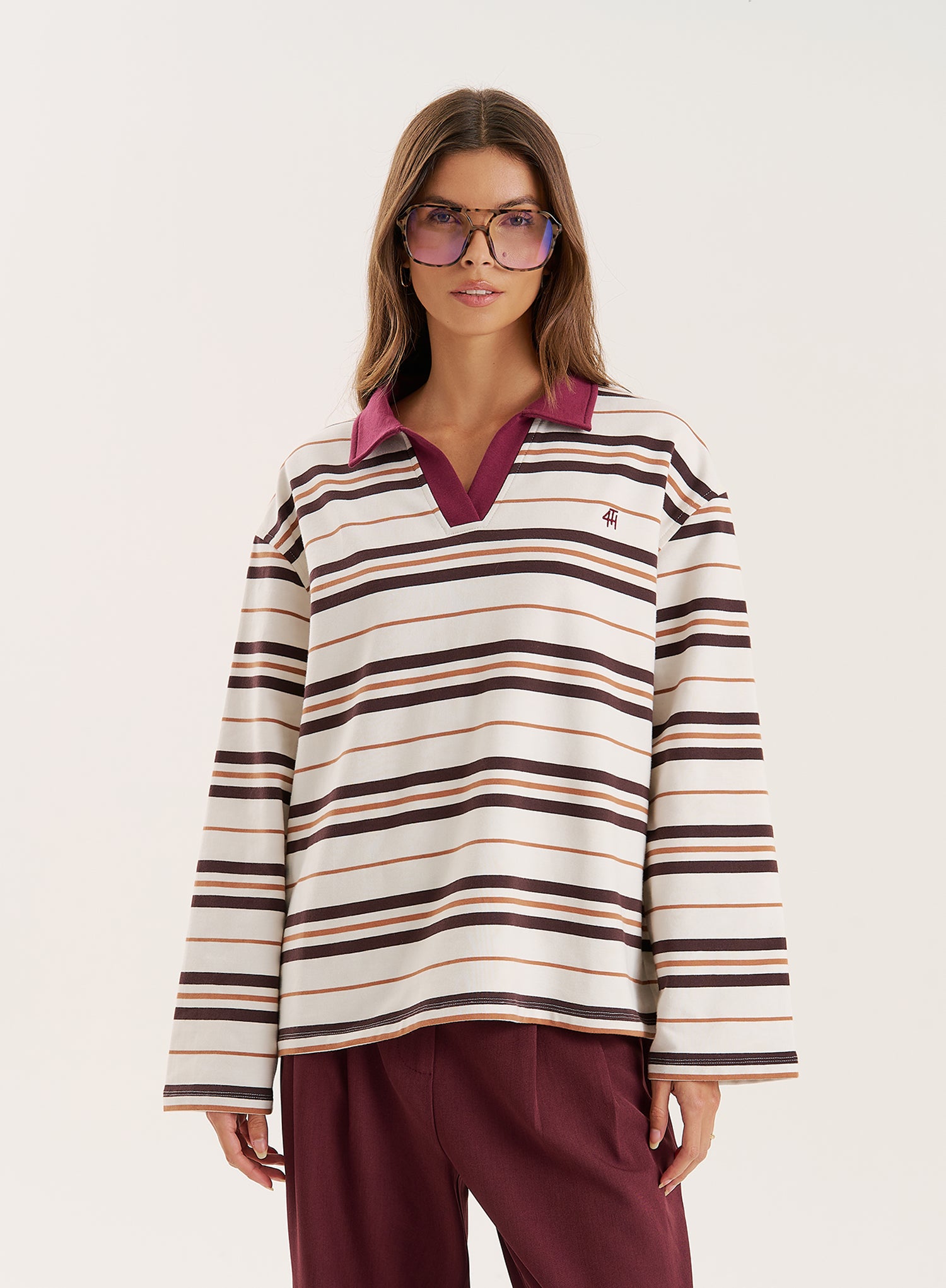 Cream And Chocolate Stripe Contrast Collar Rugby Top